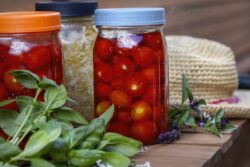 Garden cart wood counter and mason jars with fermenting cherry tomatoes and cabbage, surrounded by fresh basil and thai basil leave and straw hat