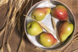 Yellow and red pears on burlap and in vintage pan decorated with wheat grass