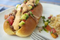 Hotdog and pulled pork on a bun topped with Israeli salad and dressing with couscous on the side