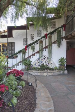 Plaza center with hanging plants and pots on stairs against an adobe wall in Old Town, San Diego, California
