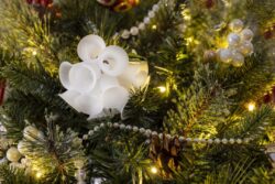 Lighted Christmas tree with holiday ornaments