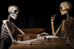 Tax time and taxes being prepared by two Halloween skeletons