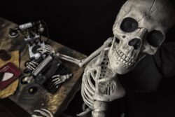 Human Halloween Skeleton with a Typewriter, Telephone and Cookie On A Plate