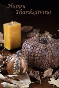 Orange Pumpkins, small gourds and Indian corn set on a table as a Thanksgiving decoration