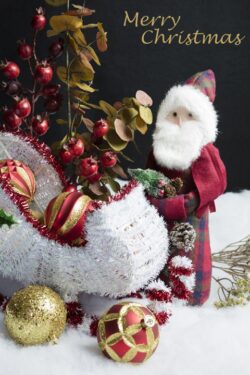 Home decor Santa and his sleigh on snow and tree decorations table setting