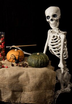 Halloween skeleton holding a brush and painting pumpkins and decorations for the celebration