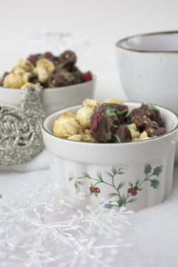 Chocolate covered candied popcorn and coffee decorated for the Christmas Holidays
