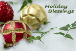 Christmas Globes in Gold and Red, set in green leaves for Holiday Greetings