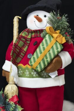 Snowman dressed in a Santa Claus with gifts and Christmas decorations